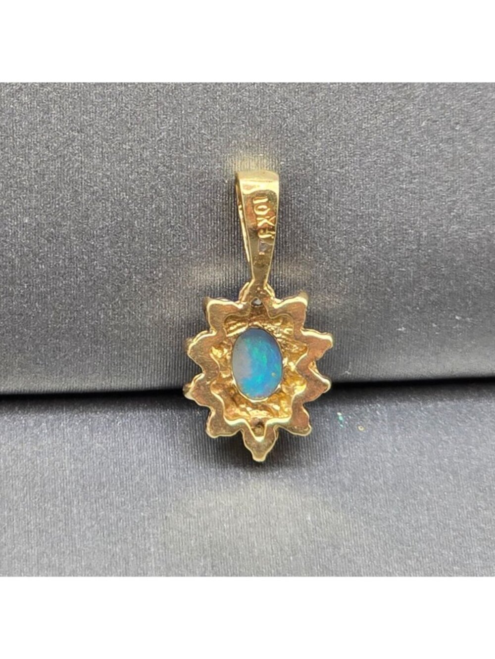 Vintage 10k Gold Opal Diamond Pendant Sunburst Halo Genuine Gemstone Signed - Picture 3 of 14